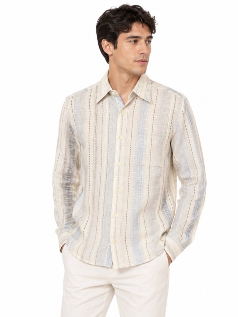 Belle Men's Linen Shirt Size M Beige Striped Long Sleeve Button Up Vintage